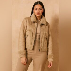 MOTHER Faux Shearling Jacket Tan Size S Women’s Aviator Moto Winter Coat
